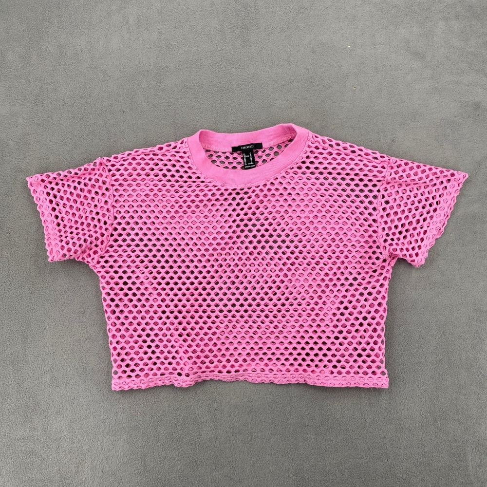 Forever 21 Pink Fishnet Mesh Crop Top Short Sleeve Crew Neck Festival Medium